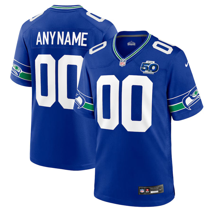 Seattle Seahawks 50th Season Throwback Custom Game Jersey - Royal -